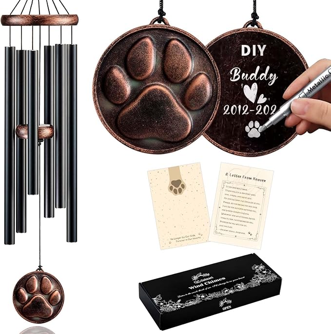 Dog Memorial Gifts for Loss of Dog, 32" Pet Memorial Vintage Wind Chimes with DIY Embossed DogPaw Pendant, Pet Passing Away Sympathy Remembrance Gift