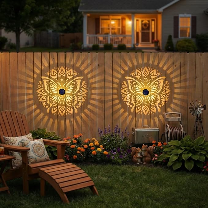 2 Pack Solar Fence Lights Metal Solar Powered Outdoor Wall Deck Step Lights Butterfly Mandala Theme Waterproof Fence Light for Garden Post Patio Backyard Yard Decor, Gardening Gifts for Women Mom