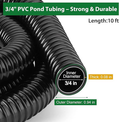 3/4 Inch Pond Tubing – 10ft Flexible PVC Corrugated Pond Hose with 2 Stainless Steel Hose Clamps, Kink-Proof Black Pump Tubing for Garden Ponds, Waterfalls, Filters & Drainage