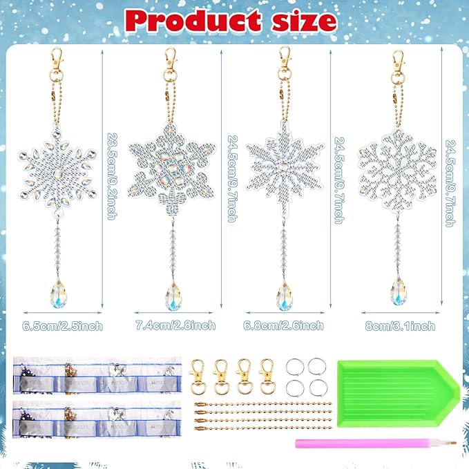 4 Pcs 5D 9.7x3 inch Christmas Diamond Painting Kits DIY Point Drill Diamond Painting Wind Crystal Wind Chimes Double Snowflake Ornaments with Crystal Pendant for Home Garden Hanging Decor(White)