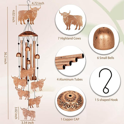 GDNSFIT Highland Cow Wind Chimes for Outside, Metal Windchimes Outdoors, Highland Cow Gifts for Women/Men, Memorial/Birthday Gifts, Garden Decor for Outside, Patio or Yard, Durable Chimes for Outdoors