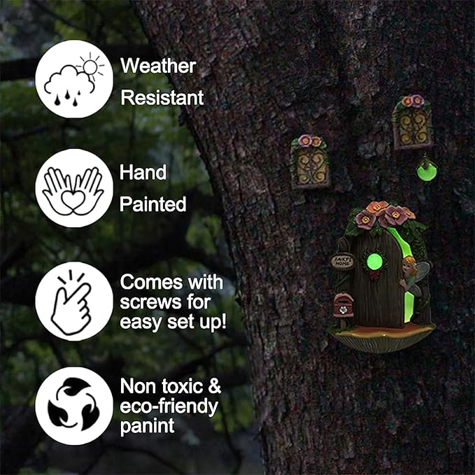 Fairy Garden Decor Fairy Door and Windows for Trees, Glow in The Dark Yard Sculpture Lawn Ornament Mini Garden Art Outdoor Decor Accessories with Lantern (Fairy Opening Door)