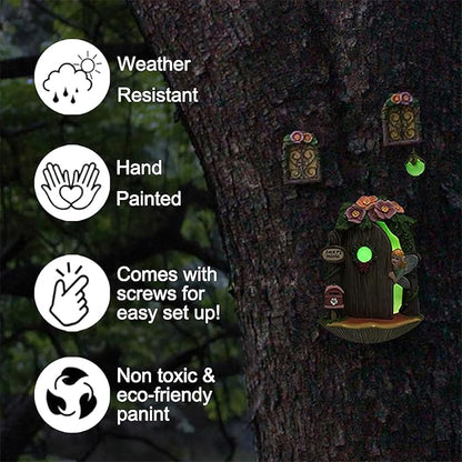 Fairy Garden Decor Fairy Door and Windows for Trees, Glow in The Dark Yard Sculpture Lawn Ornament Mini Garden Art Outdoor Decor Accessories with Lantern (Fairy Opening Door)
