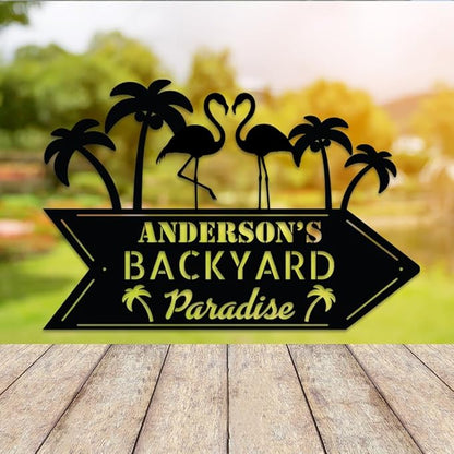 MeMate Personalized Outdoor Sign - Flamingo House Metal Sign for Porch Deck Backyard Patio Pool, Housewarming Gift