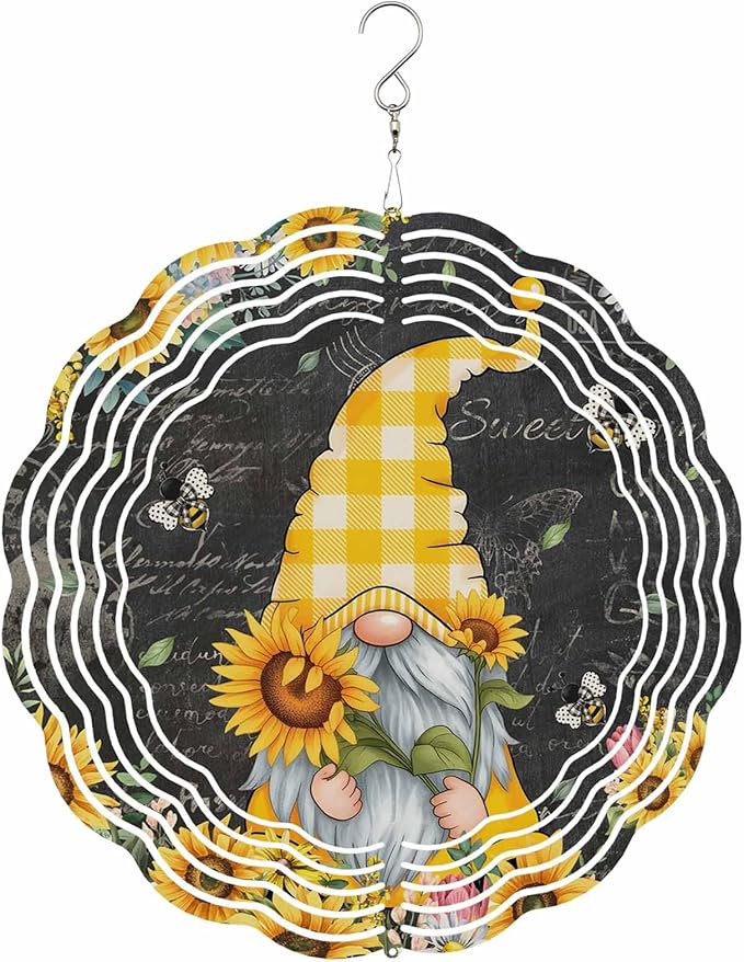 Gnomes Black Wind Spinners Outdoor Inoor, Decorative Hanging Round Ornaments for Yard Patio Garden, Yellow Sunflower Floral Bee Summer Spring Stainless Steel Metal Wind Sculpture Suspension Trim, 8"