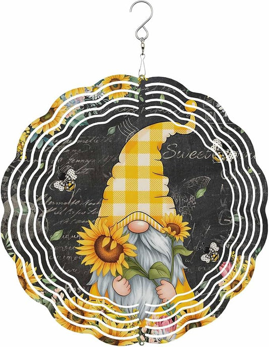 Gnomes Black Wind Spinners Outdoor Inoor, Decorative Hanging Round Ornaments for Yard Patio Garden, Yellow Sunflower Floral Bee Summer Spring Stainless Steel Metal Wind Sculpture Suspension Trim, 12"