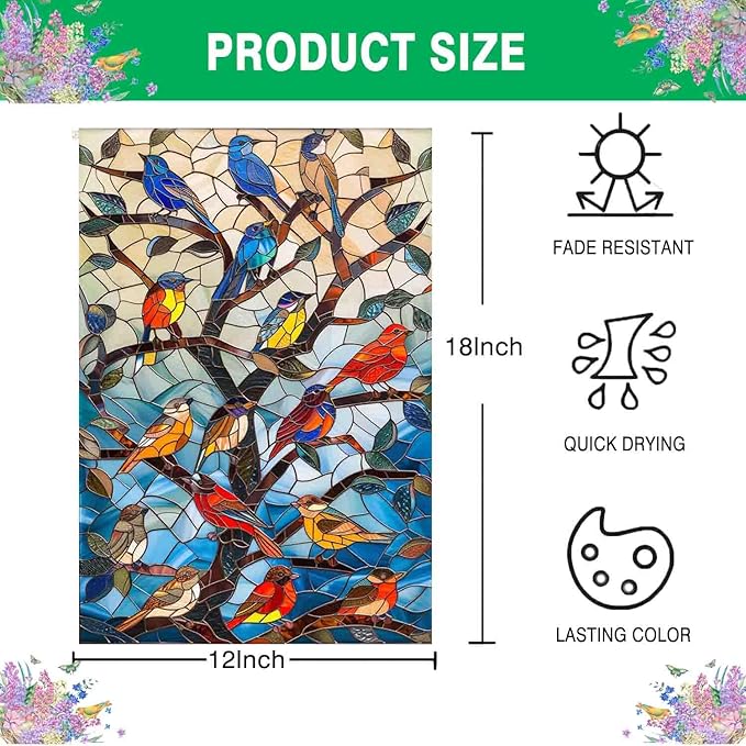Stained Glass Spring Birds Garden Flag 12x18 Inch Double Sided Welcome Flag Burlap Small Outdoor Flag for Seasonal Farmhouse Yard Outdoor Decor