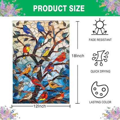 Stained Glass Spring Birds Garden Flag 12x18 Inch Double Sided Welcome Flag Burlap Small Outdoor Flag for Seasonal Farmhouse Yard Outdoor Decor