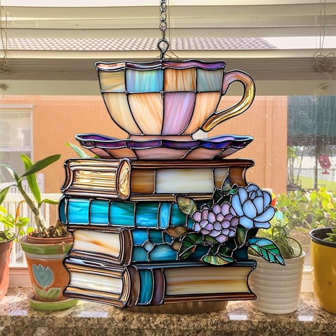Flowers Book and Tea Acrylic Suncatcher Stained Glass Effect Window Car Hanging Christmas Ornament Indoor Outdoor Decor Garden Sun Catcher Panel for Book Lover for Women Mom Grandma