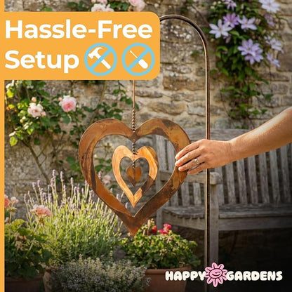 Handcrafted Triple Spinning Heart Steel Ornament (Flamed Finish) Happy Gardens Rustic Outdoor Metal Hook Hanging Decor for Outside Back Yard