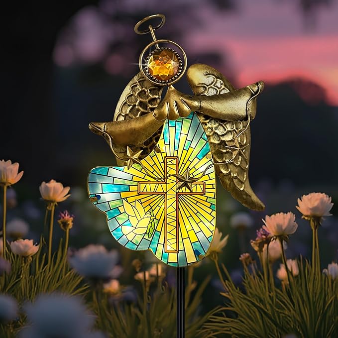 Solar Cross for Cemetery Grave,Metal Angel Garden Stake Pathway Light for Yard Patio Cemetery,Solar Angel Garden Decor Statue for Outside,Memorial Gifts for Women
