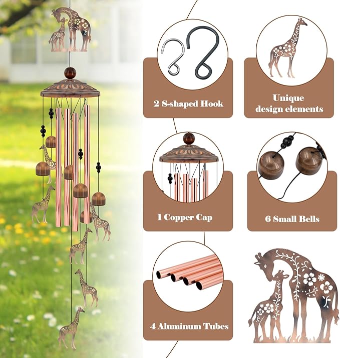35" Giraffe Wind Chimes for Outside, Rustic Copper Mother & Baby Giraffe Silhouette Decor with 6 Pendants - Elegant Safari Memorial Windchime - Heartwarming Gift for Mom & Animal Lovers