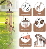35" Giraffe Wind Chimes for Outside, Rustic Copper Mother & Baby Giraffe Silhouette Decor with 6 Pendants - Elegant Safari Memorial Windchime - Heartwarming Gift for Mom & Animal Lovers