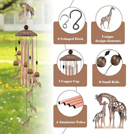 35" Giraffe Wind Chimes for Outside, Rustic Copper Mother & Baby Giraffe Silhouette Decor with 6 Pendants - Elegant Safari Memorial Windchime - Heartwarming Gift for Mom & Animal Lovers