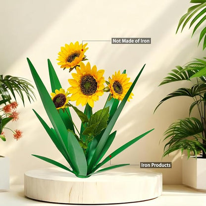 DDQ Metal Agave Plant Outdoor Decor with Artificial Flowers, Mexican Style Garden Sculpture, Waterproof Yard Art for Patio Lawn, Multiple Flower Options (Green Agave + Sunflower/Red/Yellow/Purple)