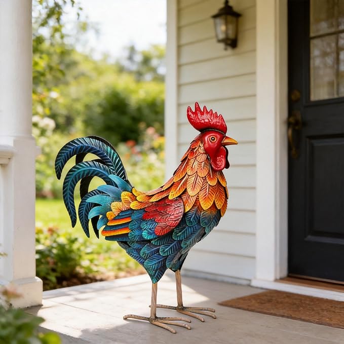 Shorayn Metal Rooster Statues Outdoor Garden Decor Metal Chicken Sculptures & Statues Chicken Ornaments Yard Art for Backyard Patio Lawn Decorations