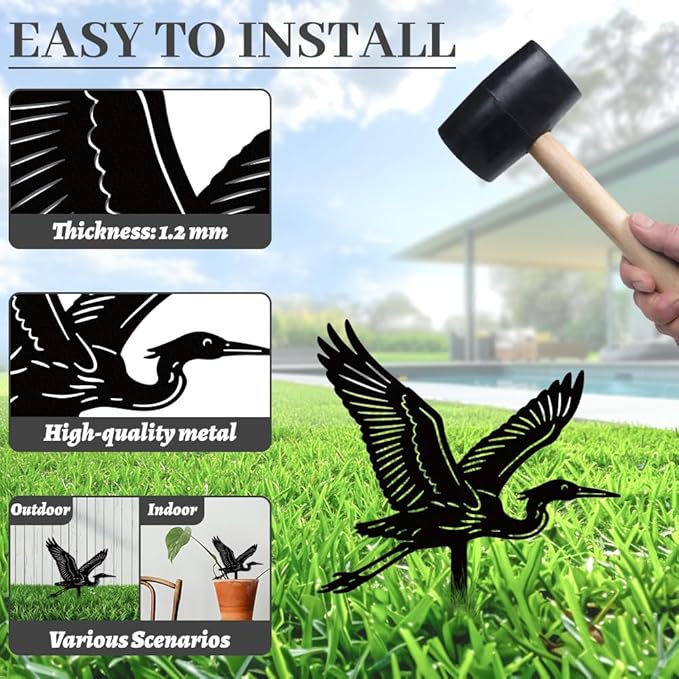 WADORN Flying Egret Metal Decorative Garden Stakes, Black Heron Outdoor Statues Silhouette Funny Bird Wildlife Lover Gifts Stakes Ornaments for All Season Yard Art Garden Patio Backyard Lawn Decor