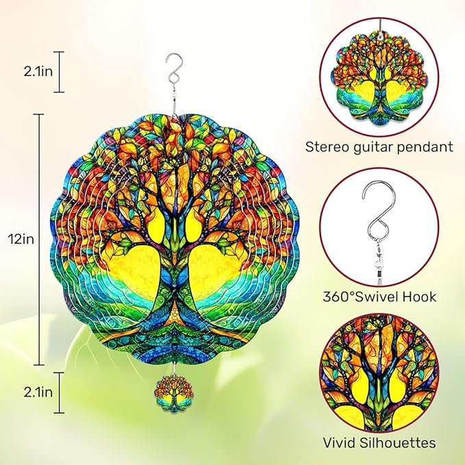 GENANY Tree of Life Hanging Wind Spinners for Women Men, 12 Inch Metal 3D, Stainless Steel Hanging Wind Catchers Sculpture for Outside, Outdoor Spring Decoration, Unique Gift