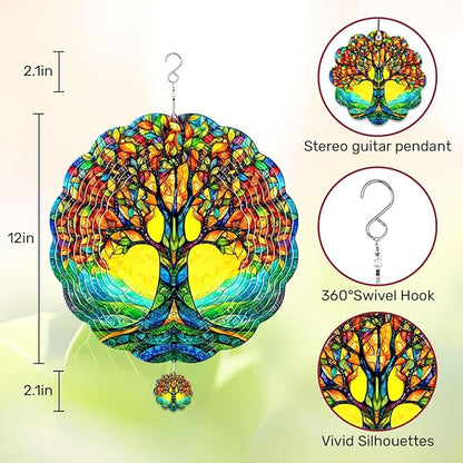 GENANY Tree of Life Hanging Wind Spinners for Women Men, 12 Inch Metal 3D, Stainless Steel Hanging Wind Catchers Sculpture for Outside, Outdoor Spring Decoration, Unique Gift
