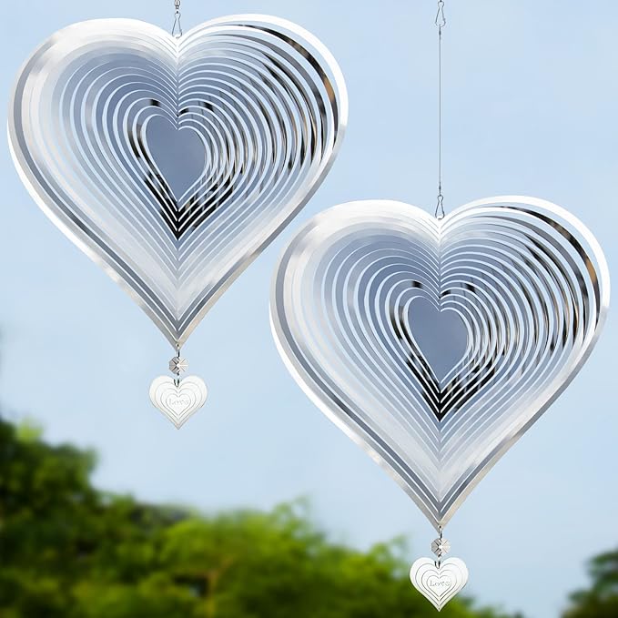 Wind Spinners, 2 Pack 10in 3D Stainless Steel Outdoor Hanging Wind Spinner with 2X Heart-Like Pendant and 3X 360° Rotating Hook, Reflective Decor for Outside Yard and Garden (2 Pack) (Heart-Like)