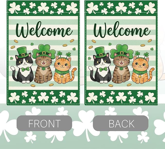 Cat Welcome St Patricks Day Garden Flag Lucky Shamrock Irish March Garden Flag St Patricks Day Double Sided Outdoor House Flag for Outside Yard Decorations 12×18 Inch