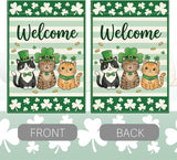 Cat Welcome St Patricks Day Garden Flag Lucky Shamrock Irish March Garden Flag St Patricks Day Double Sided Outdoor House Flag for Outside Yard Decorations 12×18 Inch