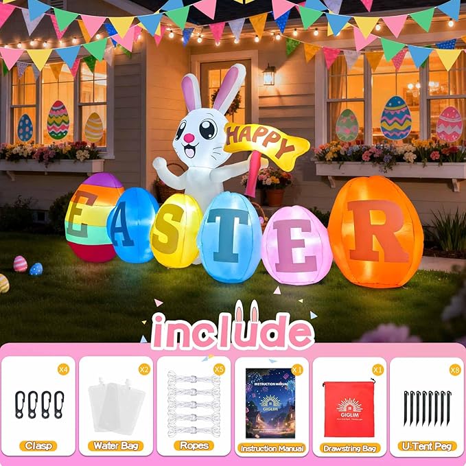 7FT Long Easter Inflatables Outdoor Decoration Inflatable Bunny with Happy Easter Built in LED Lights Bunny Blow Up Yard Decoration for Lawn Garden Holiday Party(with Storage Bag)