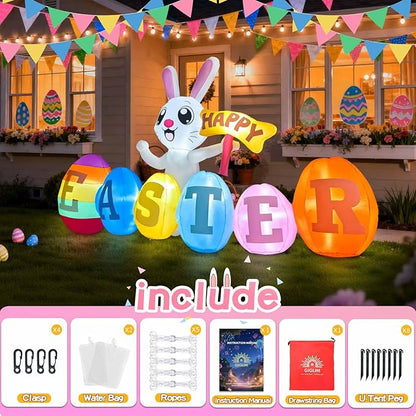 7FT Long Easter Inflatables Outdoor Decoration Inflatable Bunny with Happy Easter Built in LED Lights Bunny Blow Up Yard Decoration for Lawn Garden Holiday Party(with Storage Bag)