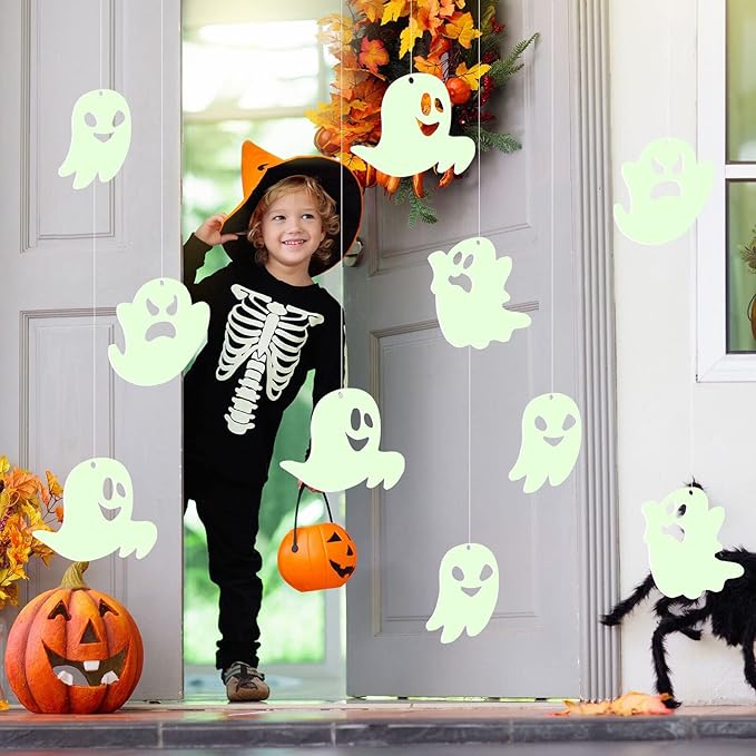 12 Pcs Hanging Bats Halloween Decoration Outside Pumpkin Skeleton Spider Outdoor Lawn Decorations 3 Different Size Realistic Ghost for Hanging in The Tree Porch Yard Lawn Indoor (Fluorescent Ghost)
