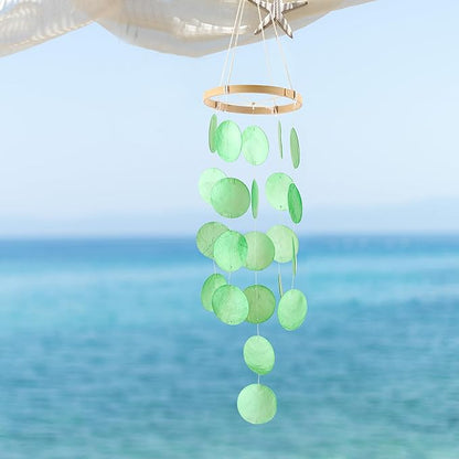 Handmade Capiz Wind Chimes for Outside, Outdoor Seashell Hanging Beach Coast Ocean Home Decorative, Unique Natural Shell Waterfall Windchimes for Summer Patio, Great Memorial Sympathy Gift（Green