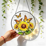 Sunflower Hanging Stained Glass for Windows, Sunflower Sun Catchers Indoor Window Glass Round Wall Decor Mother's Day, Valentine's Day Ornaments Festival Gift 7.87"