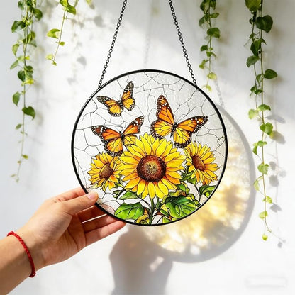 Sunflower Hanging Stained Glass for Windows, Sunflower Sun Catchers Indoor Window Glass Round Wall Decor Mother's Day, Valentine's Day Ornaments Festival Gift 7.87"