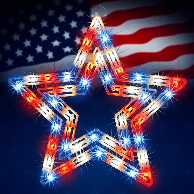 LAMPHOME 14" Lighted Red, White and Blue Patriotic Star Window Silhouette Decoration for Indoor & Outdoor Celebrations