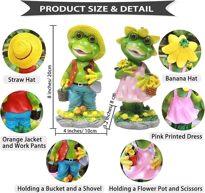 2 Pcs Frog Garden Statue - Happy Frog Couple Statue for Home Garden Patio Frog Decoration, Frog Gift for Frog Lover(Pack of 2)