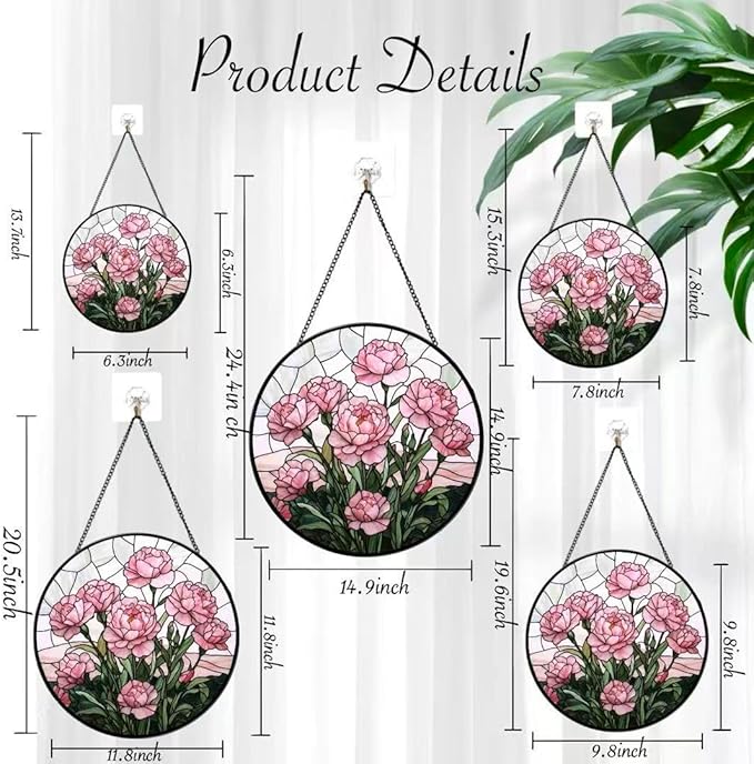 Stained Glass Window Hanging - Blooming Pink Peonies 6.3 Inches Suncatcher for Garden Home Decor for Women Mon Grandma Friends