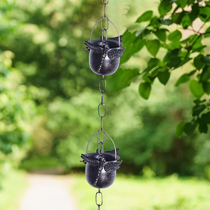 TZSSP Rain Chain, Iron Rain Chains-12 Cups,8FT Gutter Rain Chain,Adjustable Rain Catcher Chain for Outdoor Garden Decor,Replacement Downspout for Gutters,Dragonfly