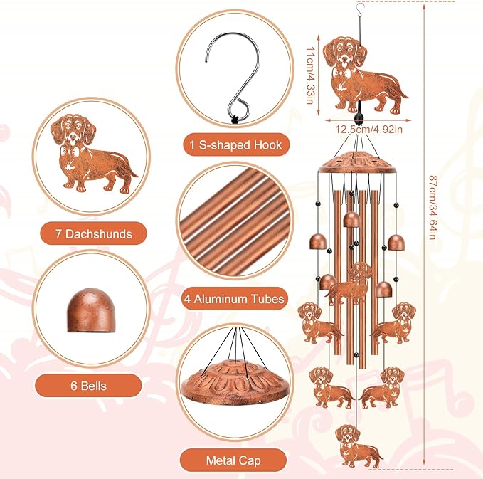 Dachshund Wind Chimes for Outside Metal Windchimes Dachshund Gifts for Women Men Garden Decor for Patio Yard Memorial for Dog Lovers
