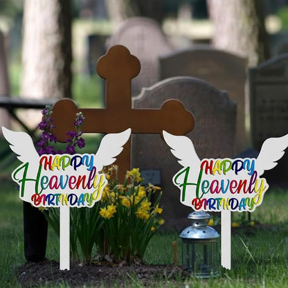 AceOrbit 2 Pcs 13.8 X 7.9 Inches Large Happy Birthday in Heaven Decorations Cemetery Decorations for Grave Metal Memorial Remembrance Stake, Grave Markers for Human Cemetery Yard Site Outdoor (White)