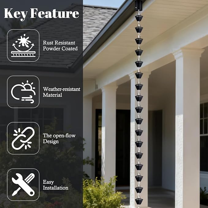 Square Rain Chains for Gutters Outside Black Powder Coated Downspouts Rain Catcher Diverter Metal Outdoor Decorative, 8.5 FT, w/V Gutter Clip for Rain Chains