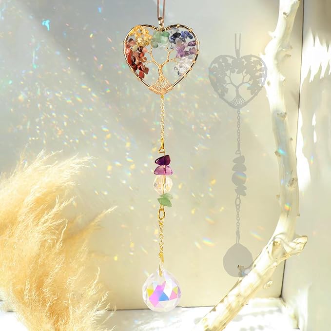 Crystal Sun Catcher, Heart 7 Chakra Tree of Life Crystal Suncatcher Hanging for Indoor Window, Dream Catchers for Car, Spiritual, Rainbow Maker, Christmas Decor