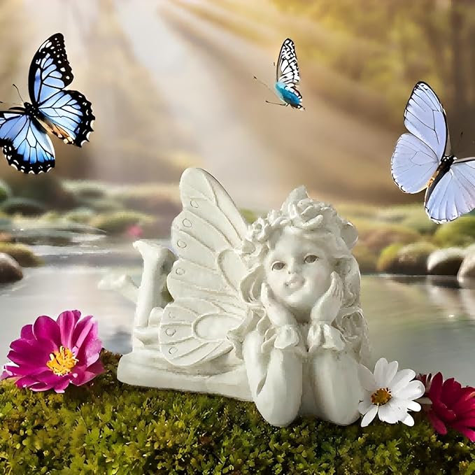Whimsical Angel Garden Statue – Hand-Painted Laying Fairy Figurine for Yard, Patio or Flower Bed – Resin Outdoor Decoration (10.2” Long)