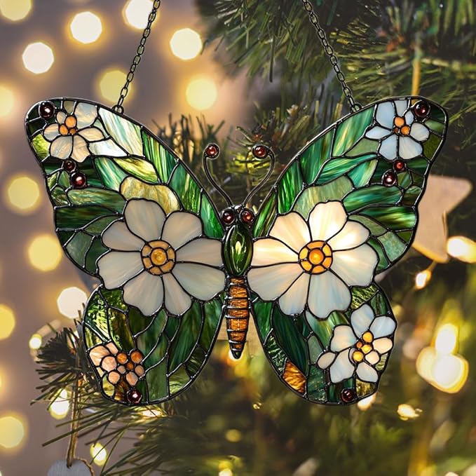 Daisy Fresh Butterfly Acrylic Suncatcher Stained Glass Effect Window Car Hanging Christmas Ornament Indoor Outdoor Decor Garden Sun Catcher Panel for Butterfly Lover for Women Mom Grandma