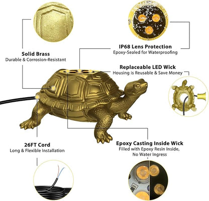 Brass Pond Light LED Underwater, 6W 12V Low Voltage Turtle Underwater Ponds Light 2700K with Cable, IP68 Waterproof Pond Lights for Outdoor Ponds Fountain Waterfall Water Feature, 2 Pack