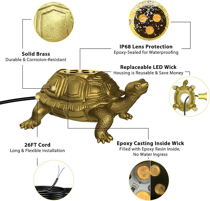 Brass Pond Light LED Underwater, 6W 12V Low Voltage Turtle Underwater Ponds Light 2700K with 26ft Cable, IP68 Waterproof Pond Lights for Outdoor Ponds Fountain Waterfall Water Feature, 1 Pack