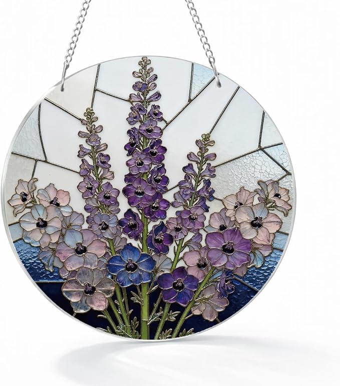 Purple Flower Window Hanging Suncatcher, Home Garden Hangings, Romantic Window Wall Art, Housewarming Gifts, for Mom Grandma Aunt, Acrylic Sun Catcher with Metal Chain