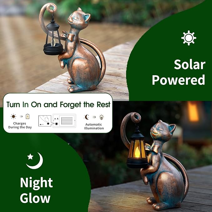WHIMSYNOOK 10.7" Bronze Cat Garden Statue with Solar Light – Outdoor Yard & Lawn Décor, Charming Cat Figurine Gift for Mom & Cat Lovers