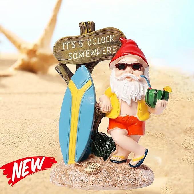 Garden Gnomes Outdoor Funny Statue - It's 5 O'Clock Somewhere Resin Decor, Weather-Resistant Humor Gift for Lawn, Patio, Yard, Indoor & Outdoor Use (5 O'Clock)