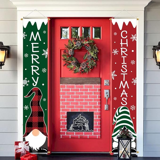 Ivenf Christmas Decorations Outdoor Yard: Cute Red Green Gnome Tomte Front Porch Sign Door Banner, Hanging Merry Christmas Decorations for Home, Indoor Outdoor Xmas Decor Wall Front Door Yard Garage