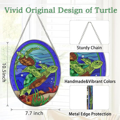Hanging Ornament, Sea Turtle Stained Glass Window Hangings Suncatcher, 10 inches, Multicolored Ocean Themed Decor for Home, Garden, Indoor Outdoor Use