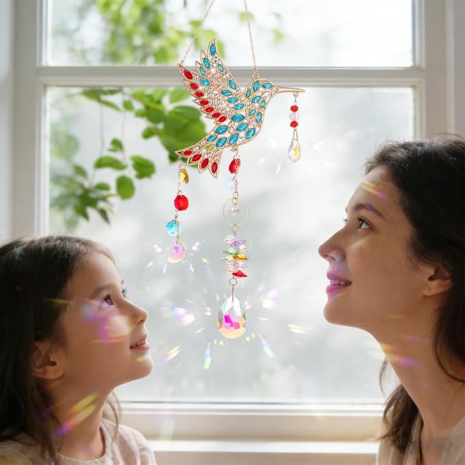 Hummingbird Gifts for Mom Grandma, Crystal Sun Catcher Hanging Indoor Window, Mothers Day Birthday Valentines Day Gifts for Women Bird Lovers, Love Pendant Home Decorations Garden Outdoor (Gold)